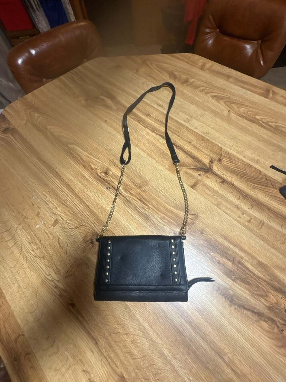 Max Studio Black Faux Leather Studded Crossbody Bag with Built-In Mirror Wallet
